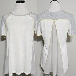 AIKO Silk Rayon Colorblock Top S Gray White Yellow Cutout Split Back Blouse